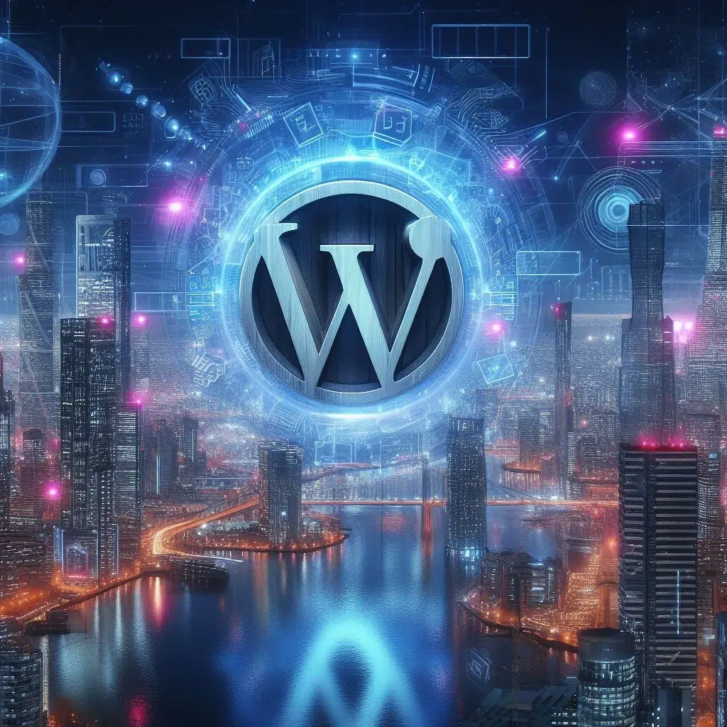 ciudad futurista-con logo de wordpress fusionado en las nubes